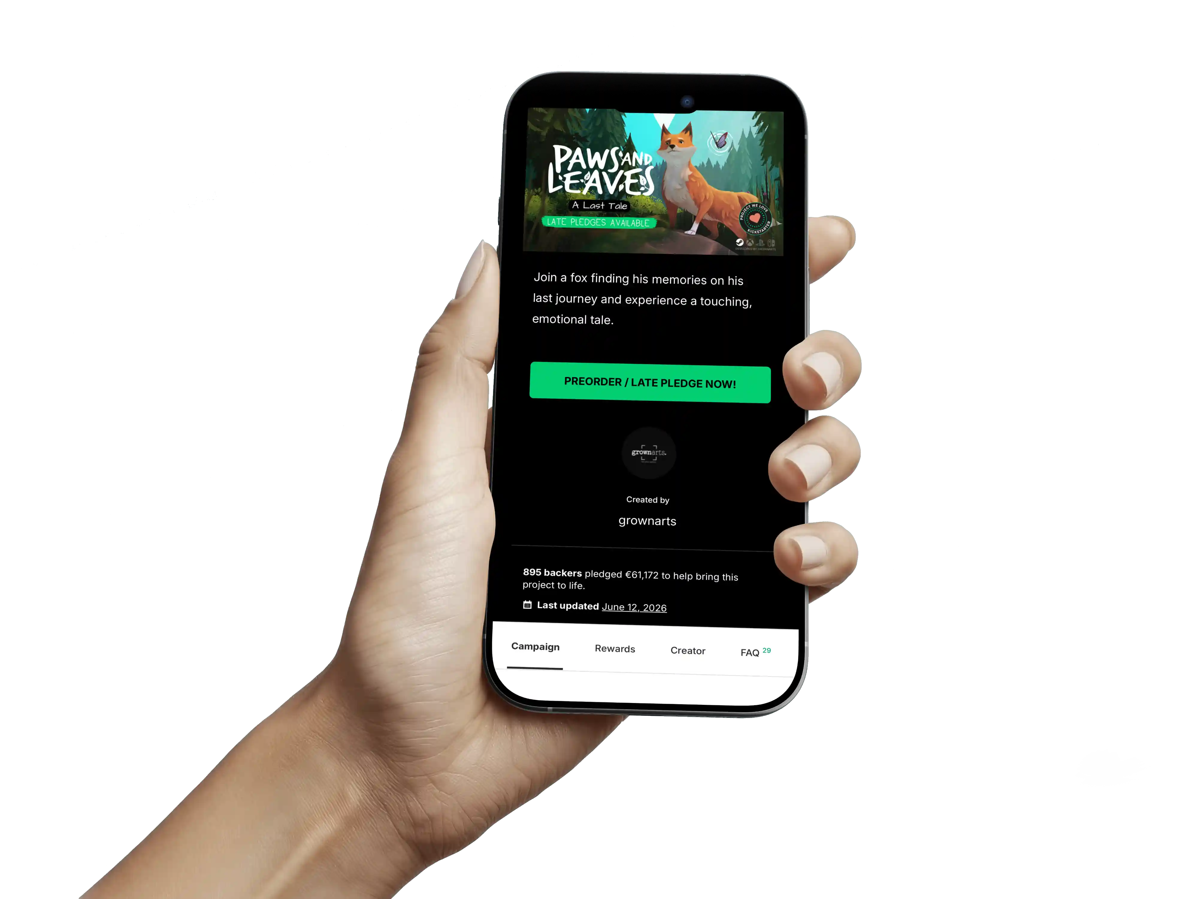A hand holding a phone showing the Paws and Leaves Kickstarter campaign page
